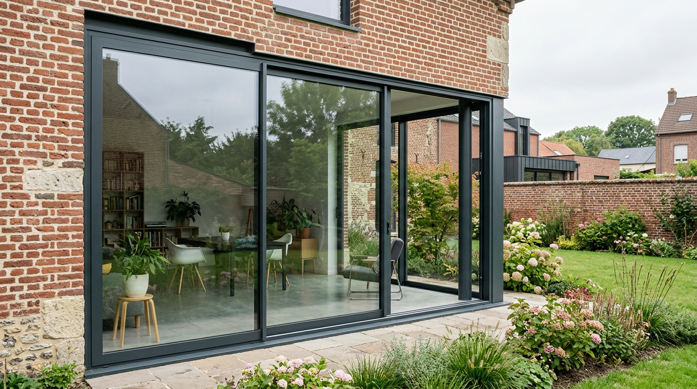 Baie coulissante aluminium anthracite grand format installée par Delahoche Métallerie à Compiègne (Oise 60)