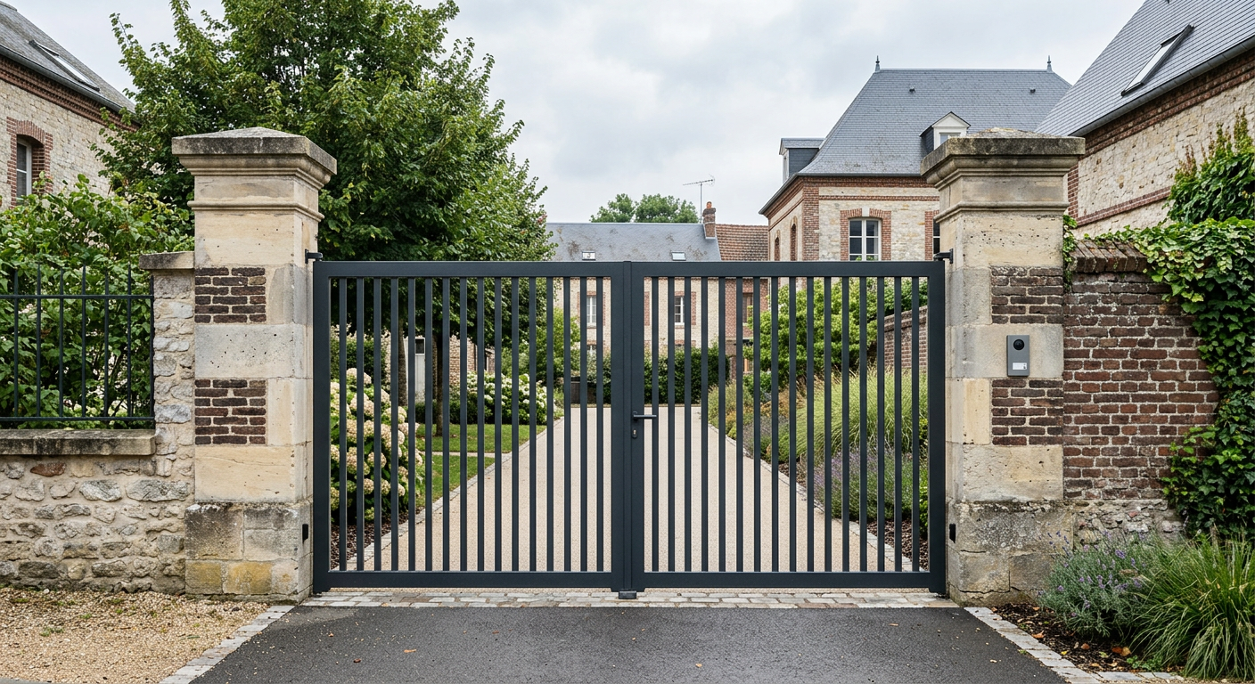Portail aluminium contemporain anthracite installé dans un quartier résidentiel de Compiègne, Oise (60)