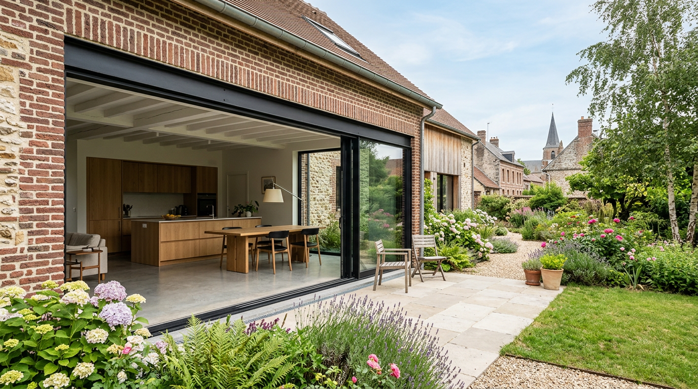 Baie coulissante réalisée par Delahoche Métallerie à Crèvecœur-le-Grand (60, Oise) — atelier d'Achy