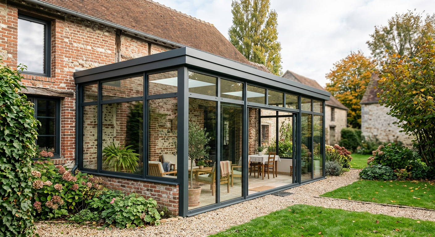 Véranda aluminium sur mesure adossée à une maison à Compiègne, Oise (60)