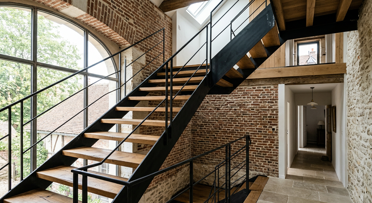Escalier métallique sur mesure avec marches en chêne et garde-corps acier noir à Compiègne, Oise (60)