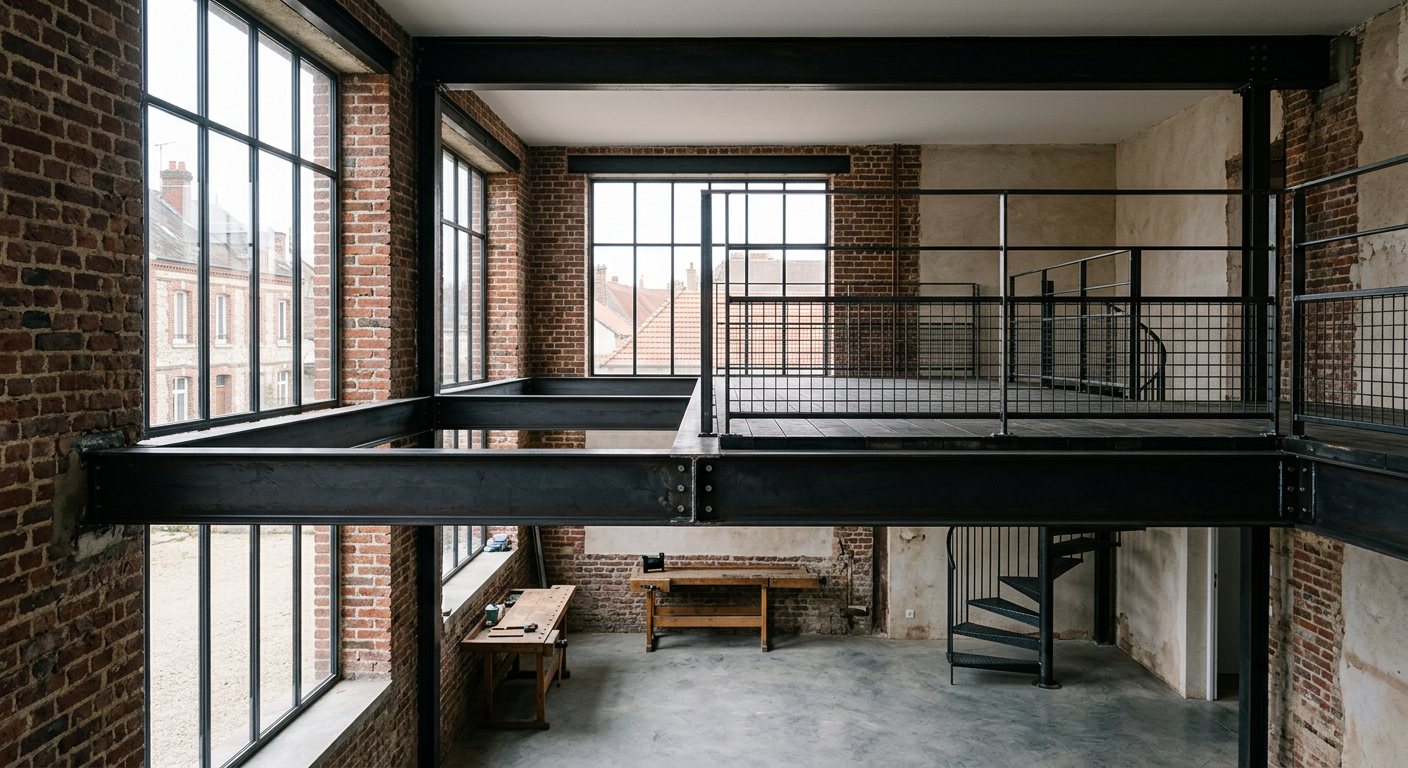 Structure métallique noire posée dans un bâtiment rénové à Compiègne, Oise (60)