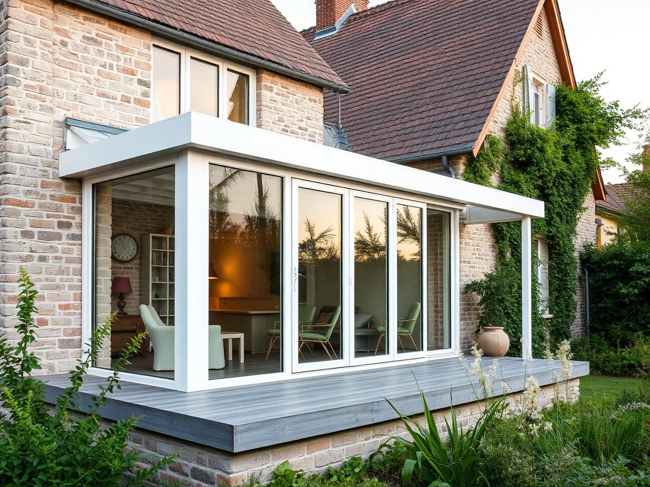 Véranda aluminium blanche sur mesure adossée à une maison picarde en pierres et briques à Beauvais, Oise (60)