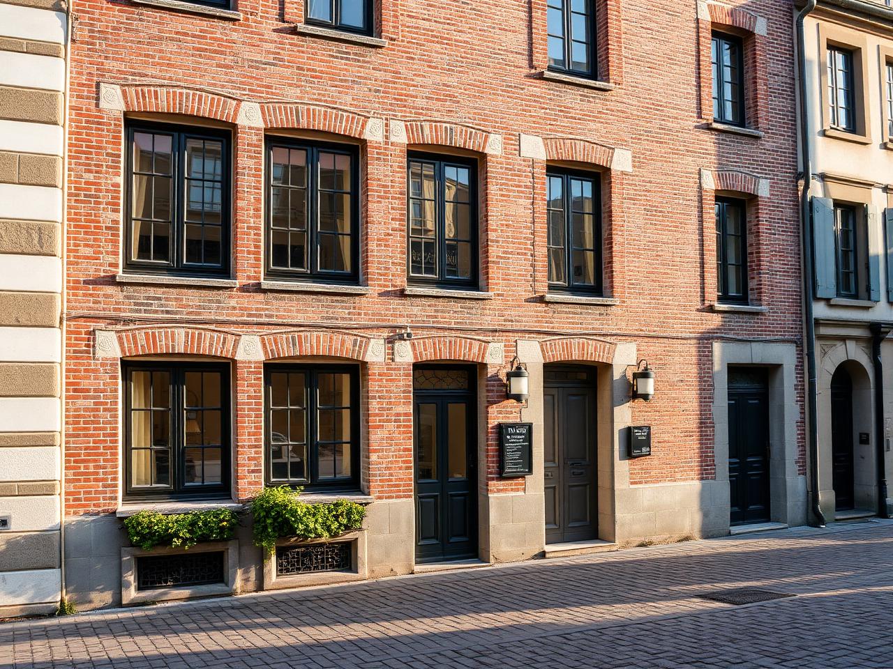 Fenêtres aluminium thermolaquées noires posées sur une façade en briques d'une maison de ville du centre historique de Beauvais (60)