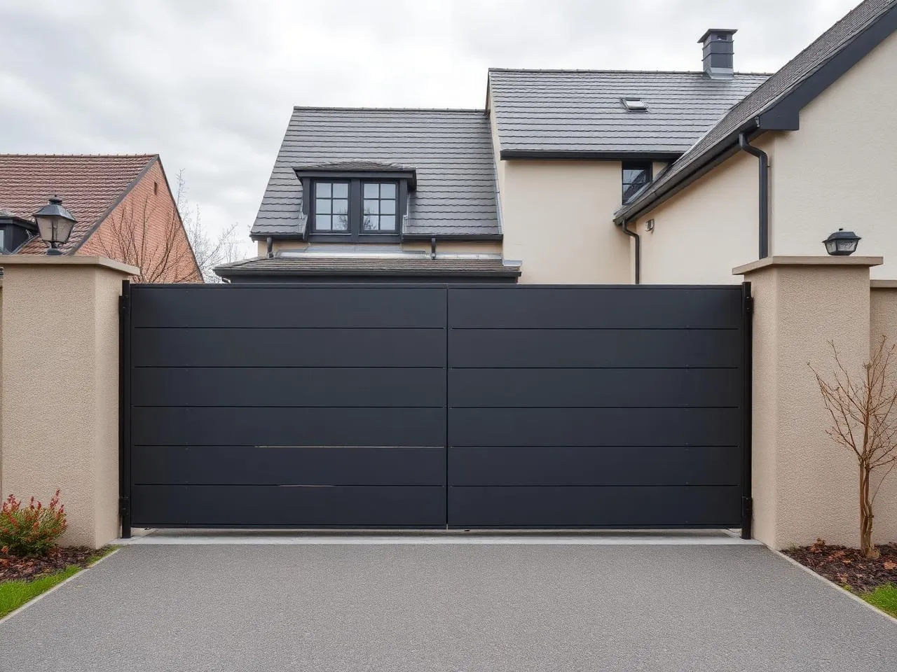Portail aluminium contemporain anthracite installé dans un quartier résidentiel de Beauvais, Oise (60)