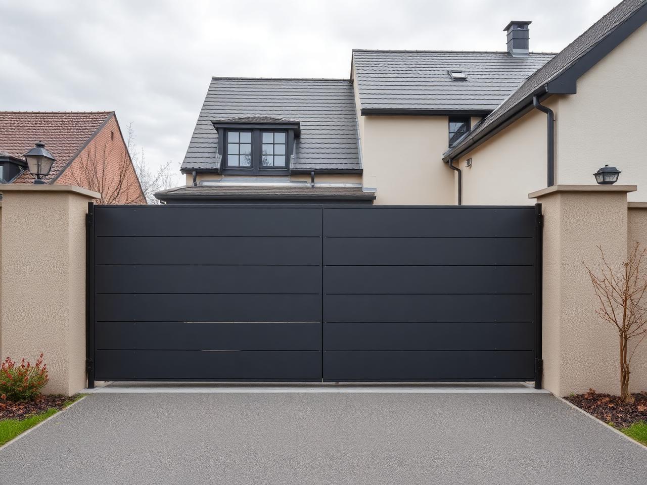 Portail coulissant aluminium contemporain anthracite à lames pleines installé dans un quartier résidentiel de Beauvais, Oise (60)