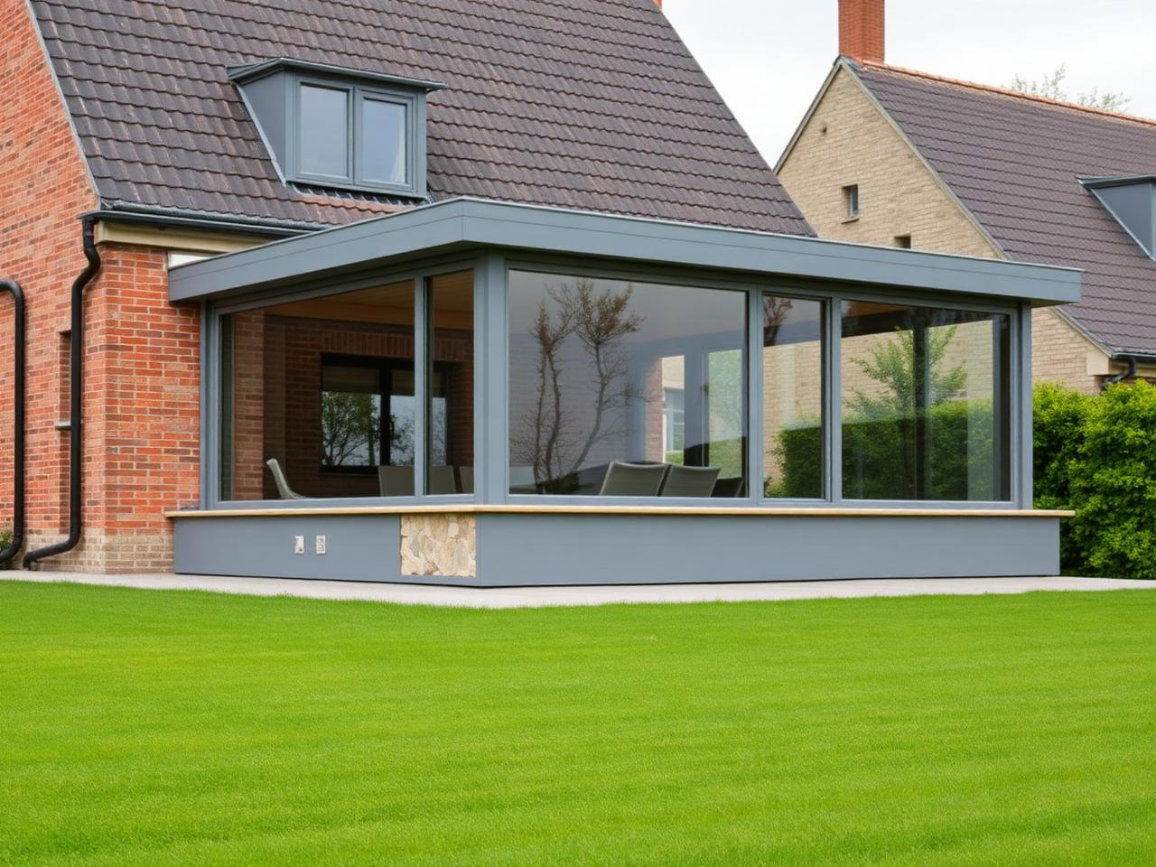 Véranda aluminium contemporaine grise ouverte sur jardin à Gournay-en-Bray, Seine-Maritime (76)