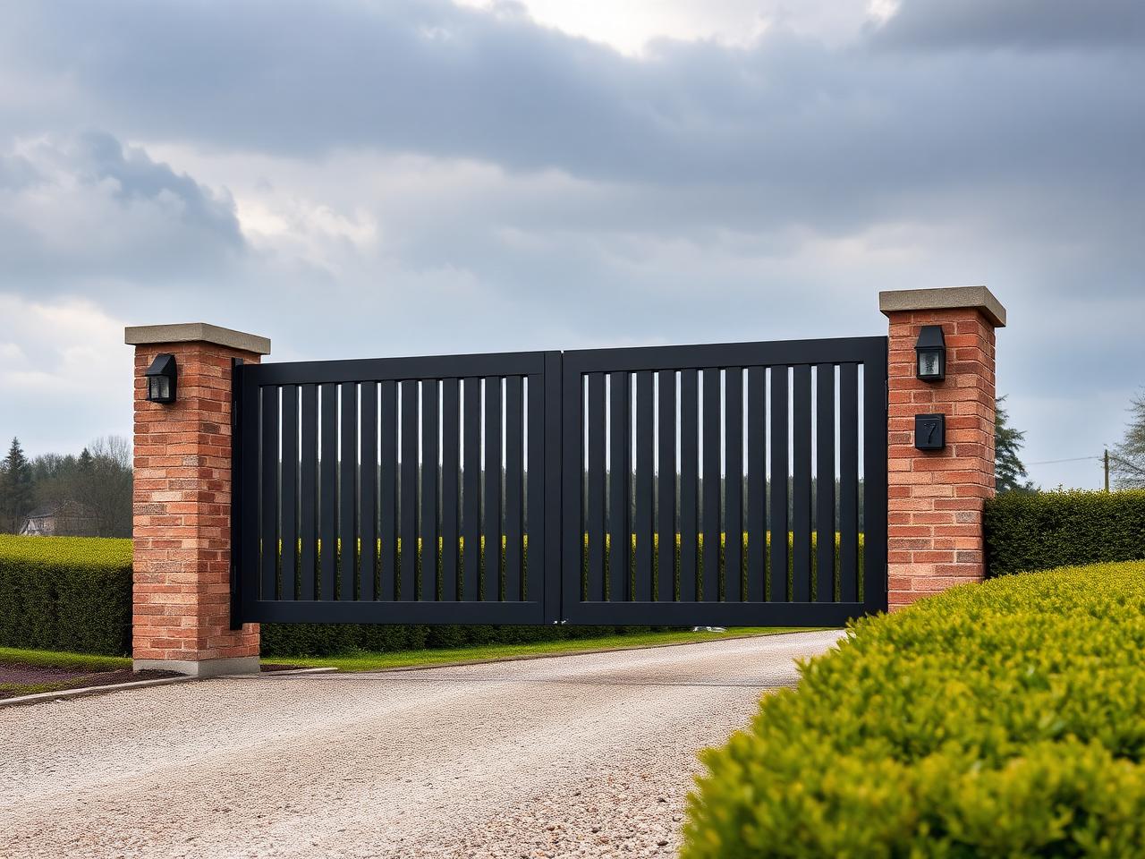 Portail aluminium anthracite à lames verticales installé entre piliers de briques à Marseille-en-Beauvaisis, Oise (60)