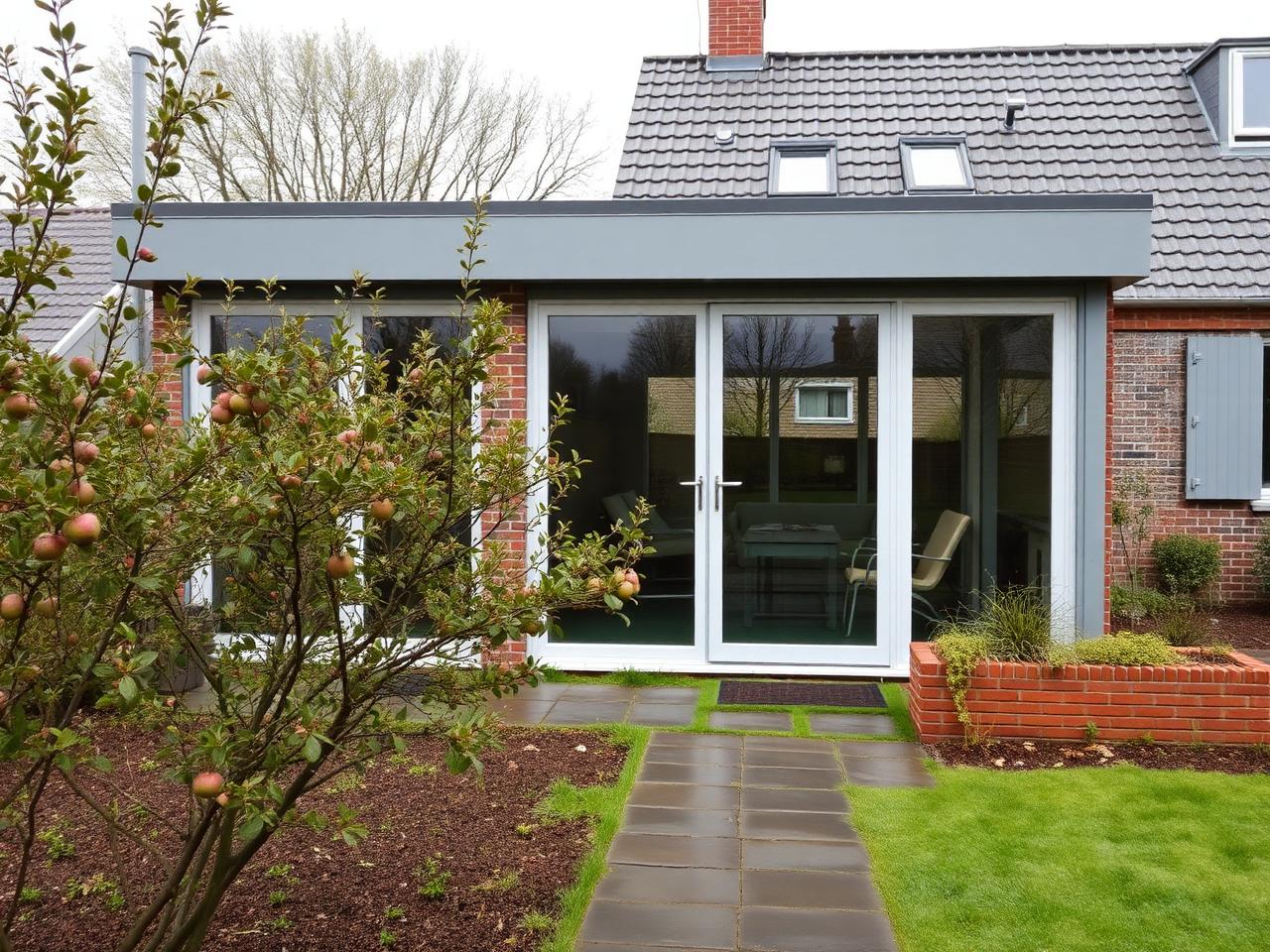 Véranda aluminium grise sur jardin avec pommier à Saint-Omer-en-Chaussée, Oise (60)