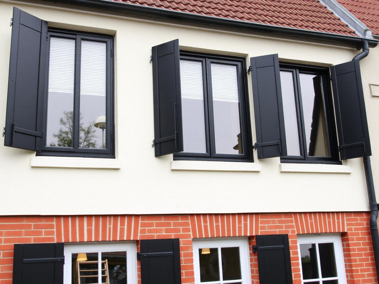 Fenêtres aluminium noires avec volets assortis sur façade picarde à Saint-Omer-en-Chaussée (60)