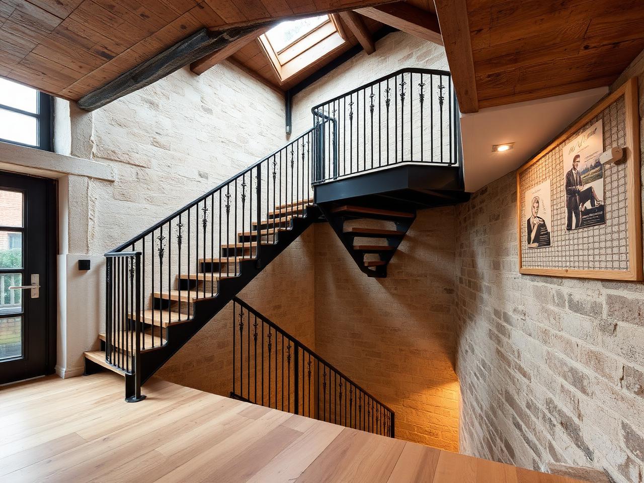 Escalier métallique sur mesure avec marches en chêne et garde-corps acier noir dans un loft rénové à Beauvais, Oise (60)