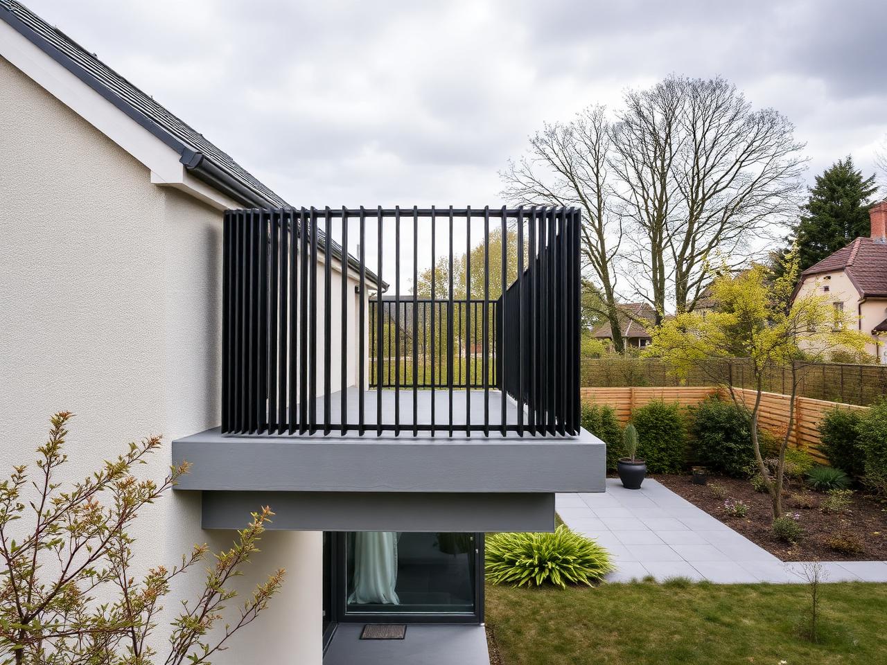 Garde-corps acier extérieur à barreaudage vertical fin laqué noir sur balcon d'une maison contemporaine de Beauvais (60)