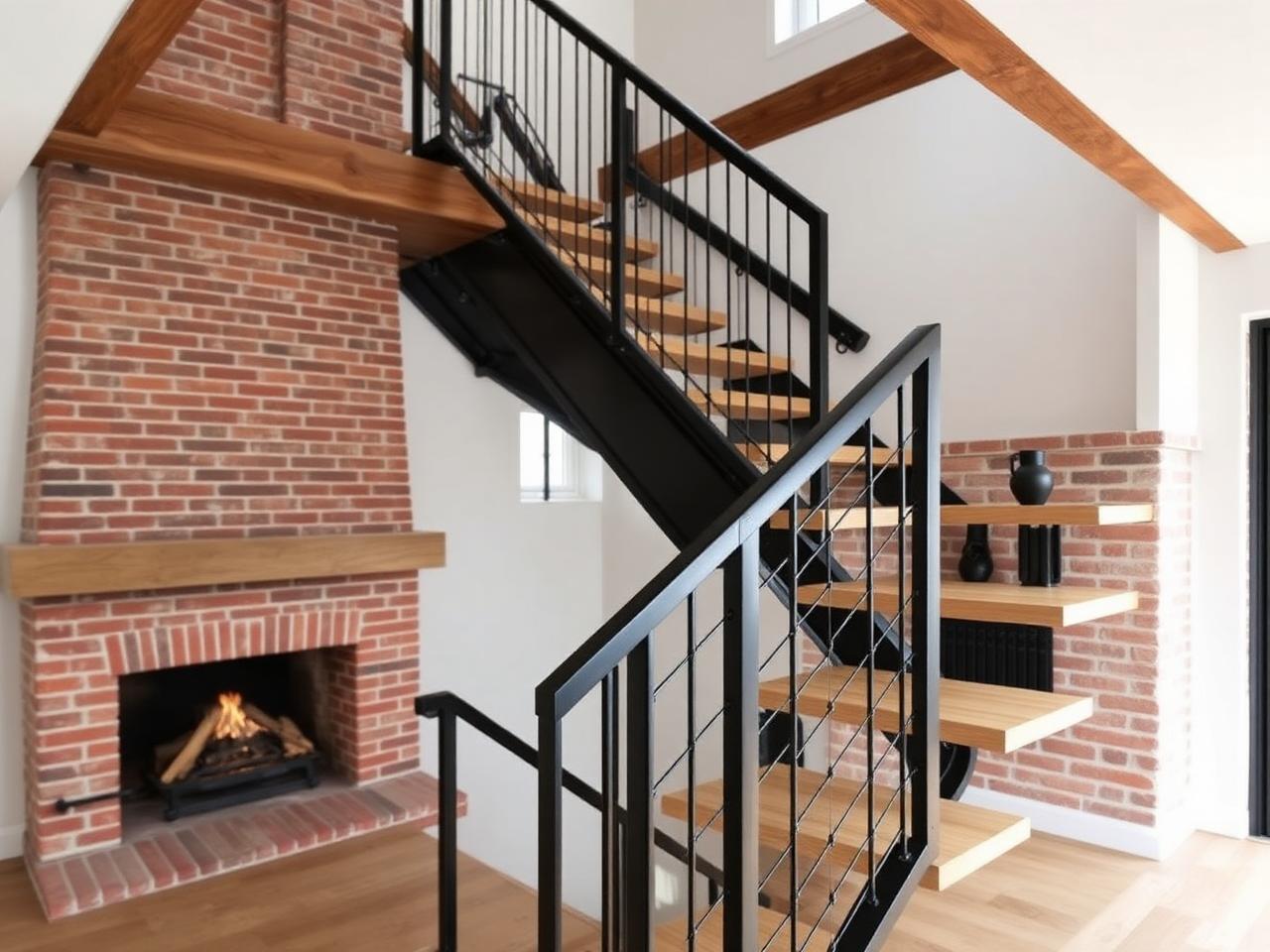 Escalier métallique noir et bois près d'une cheminée en briques à Gournay-en-Bray, Seine-Maritime (76)