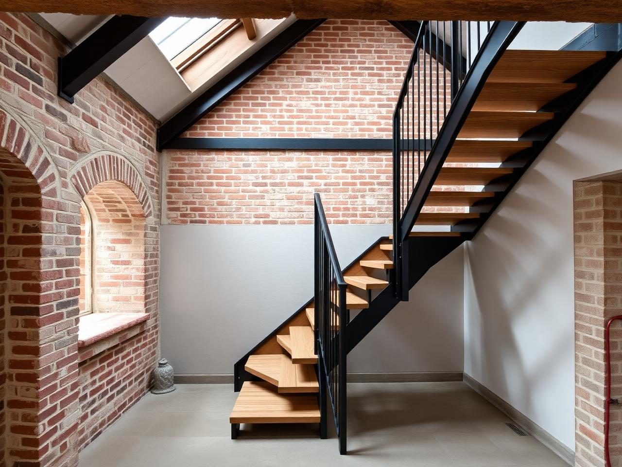 Escalier métallique noir avec marches bois dans une grange rénovée à Marseille-en-Beauvaisis, Oise (60)