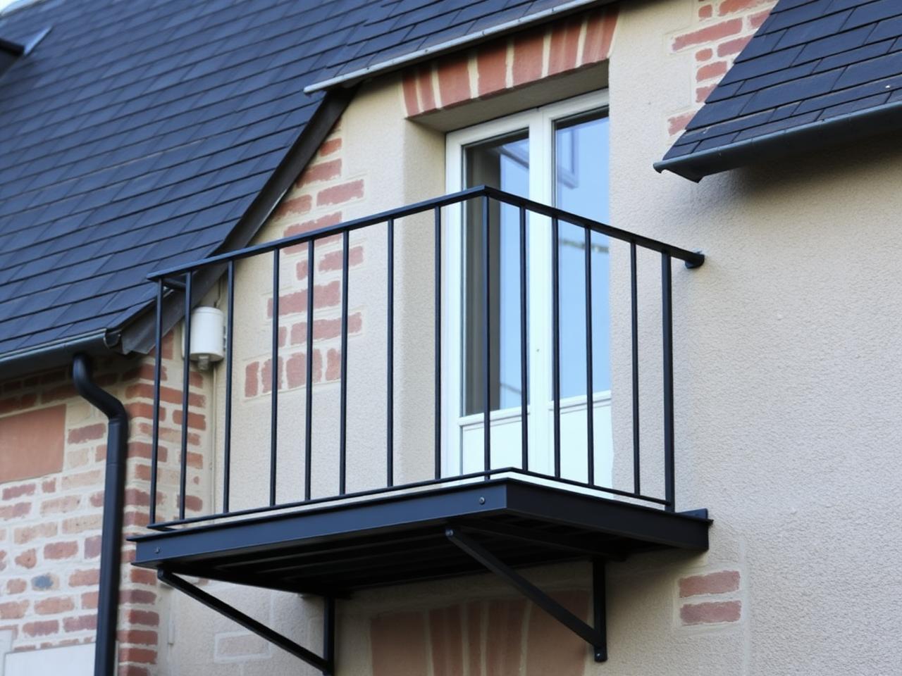 Garde-corps acier noir sur balcon d'une maison en briques à Marseille-en-Beauvaisis (60)