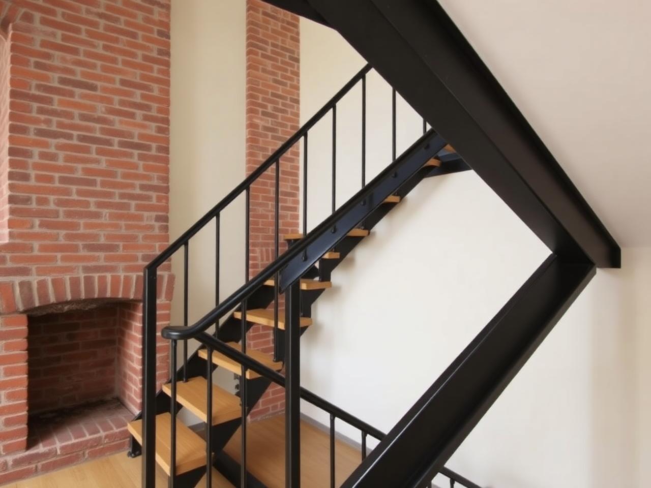 Escalier métallique noir avec marches bois posé dans une maison rénovée à Saint-Omer-en-Chaussée, Oise (60)